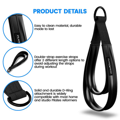 Vinyl Covered Double Loop Straps for Pilates Equipment - D-Ring Padded Fitness Straps for Studio & Home Gym Workouts