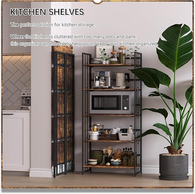 4NM No Assembly 5 Tiers Folding Bookshelf, 59.4" H Foldable Storage Shelves