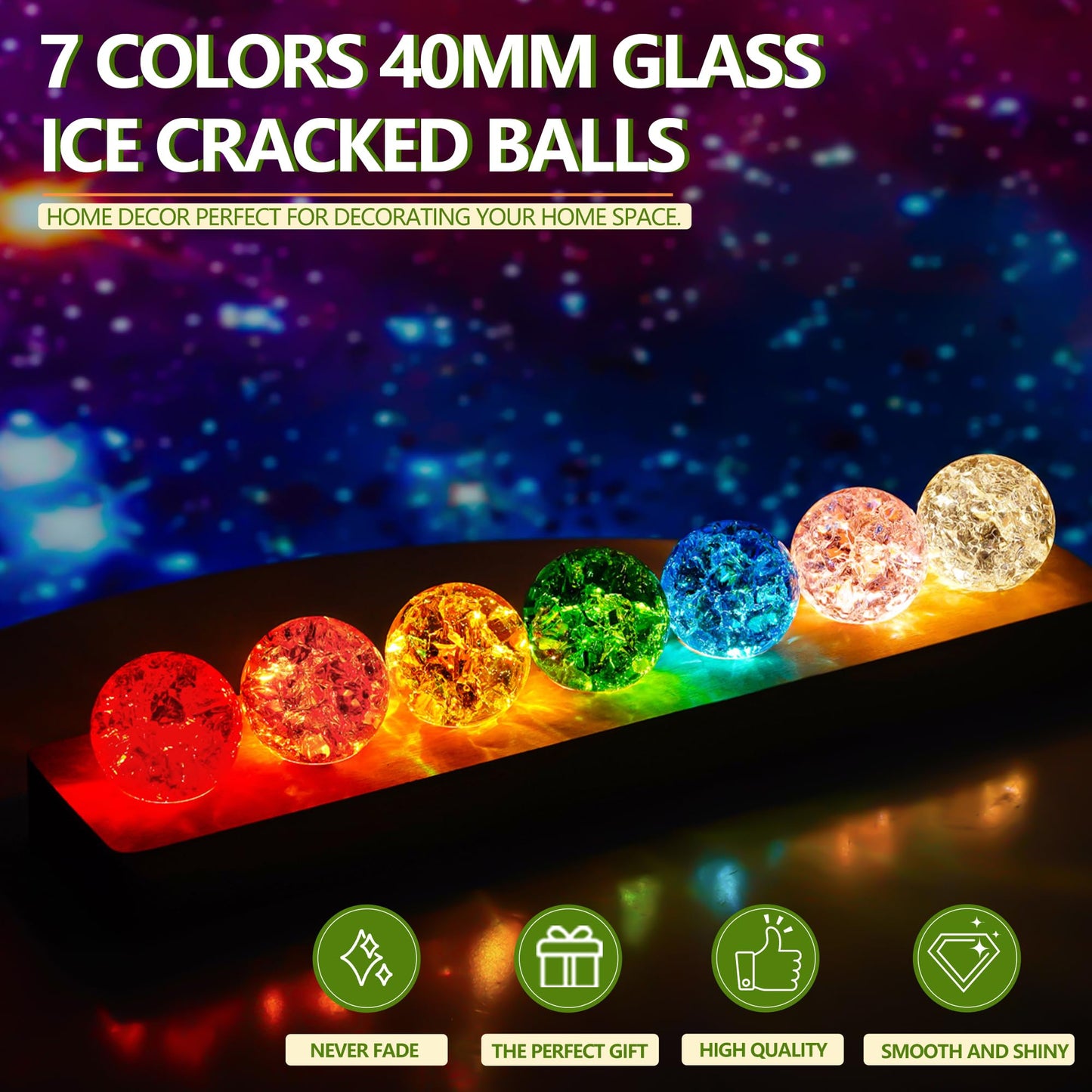 LOULIQIGIFT 60mm Colorful Ice Cracked Crystal Balls with Wooden Light Base and 7 Colors Ice Cracked Balls with LED Wooden Base 40mm Healing Sphere Balls Set