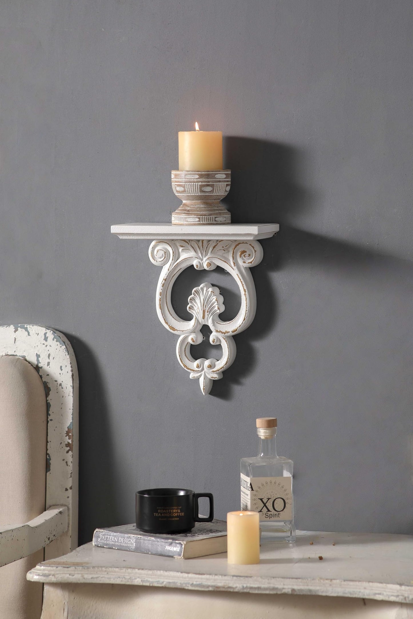 SOFE French White Floating Shelf Wood, Shabby Chic Shelves for Wall, Scroll Shape Hanging Shelf for Candle, Plant, Small Item, Living Room, Bedroom, Dining Room, Hallway Decor