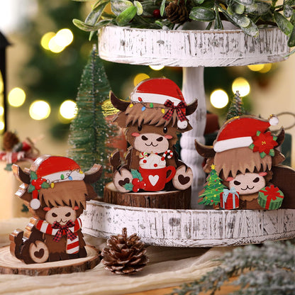 GlikCeil 3 Pcs Christmas Highland Cow Wooden Table Decorations Centerpiece Block Christmas Highland Cow Tiered Tray Tabletop Sign for Office Dining Room Mantle Party Supplies Home