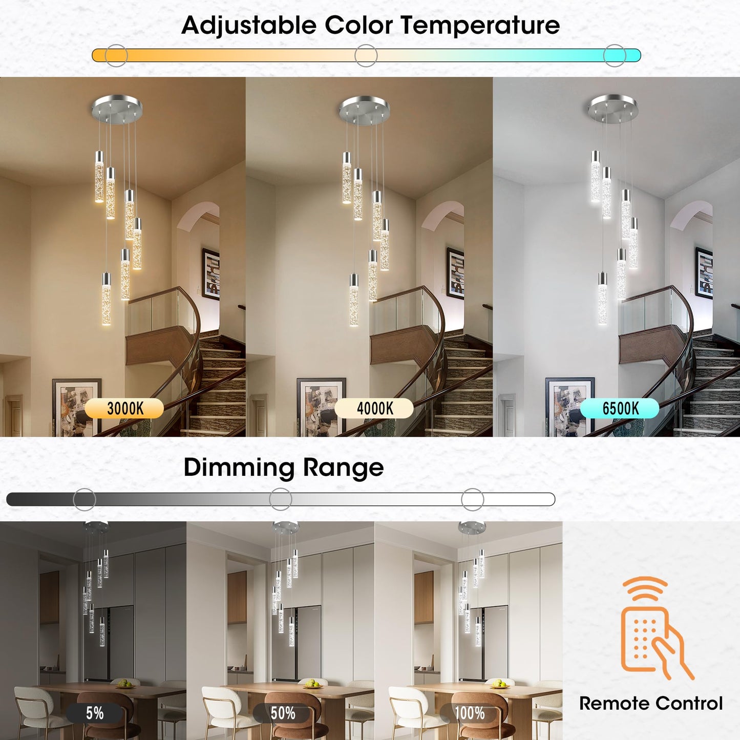 Esfos Pendant Lights Kitchen Island, 3000K-6500K Modern Kitchen Island Lights, Ceiling Lighting Fixtures with Crystal Bubble, 3 Color Integrated LED Hanging Light Brushed Nickel 1 Pack(6-Light)