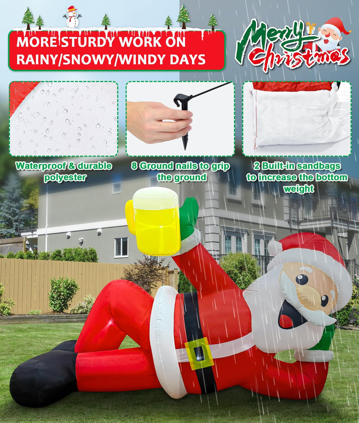 EAONE 12FT Christmas Inflatable Outdoor Decoration, Christmas Blow Ups Yard Decorations Giant Inflatable Santa Claus Lying Flat with Built-in LED Lights for Yard, Garden, Lawn, Home Xmas Holiday Decor