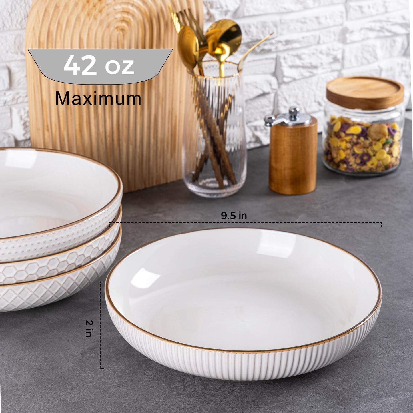 GBHOME 9.5'' Large Pasta Bowls, 42 Ounce Stoneware Salad Bowls for Kitchen, Ceramic Serving Bowls With Textured Pattern for Pasta,Fruit, Stews,Noodle, House-warming Gift,Set of 4-Off White