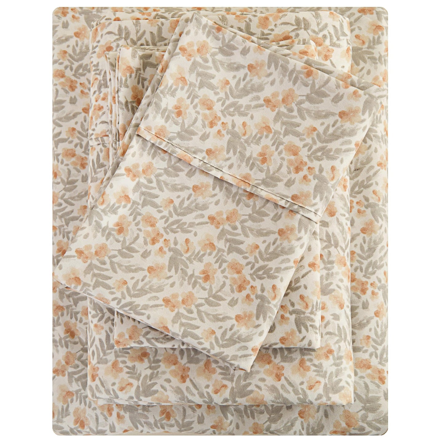 Viviland Floral Queen Sheet Set - 4 Piece Vintage Light Orange Flower Patterned Bed Sheets - Soft, Breathable Microfiber Sheets with Deep Pocket, Non-Slip Fitted Sheets & Pillowcases