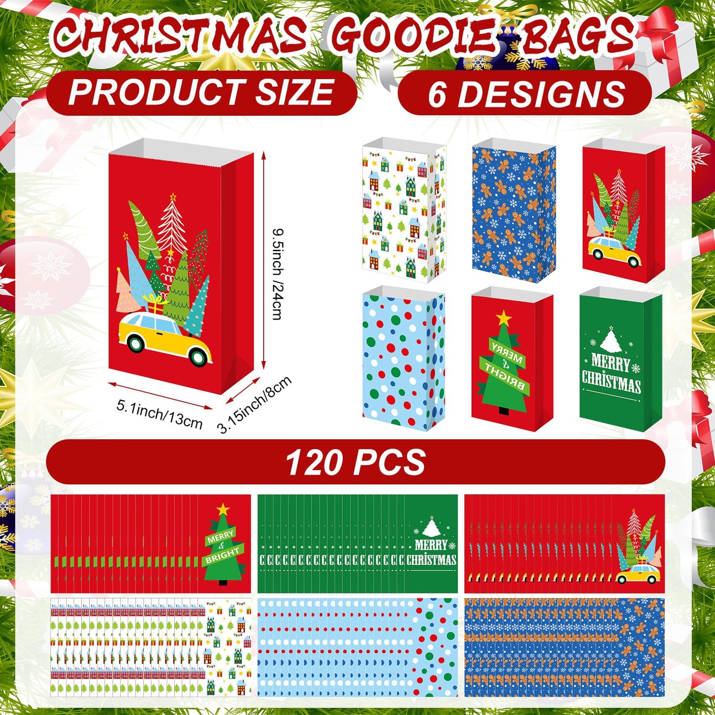 Kolldenn 120 Pcs Christmas Gift Bags Bulk 6 Styles Christmas Treat Bags 9.5 x 5.1 x 3.15 Inch Paper Goodie Pouches for Gifts Candy Snacks Lunch Holiday Party Supplies(Cute)