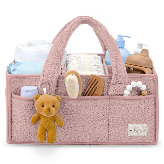 Sweety Fox Baby Diaper Caddy Organizer with Handle - Portable Sherpa Nursery Basket - Car Diaper Organizer, Cleaning Caddy, Gift for Baby Shower - Pink