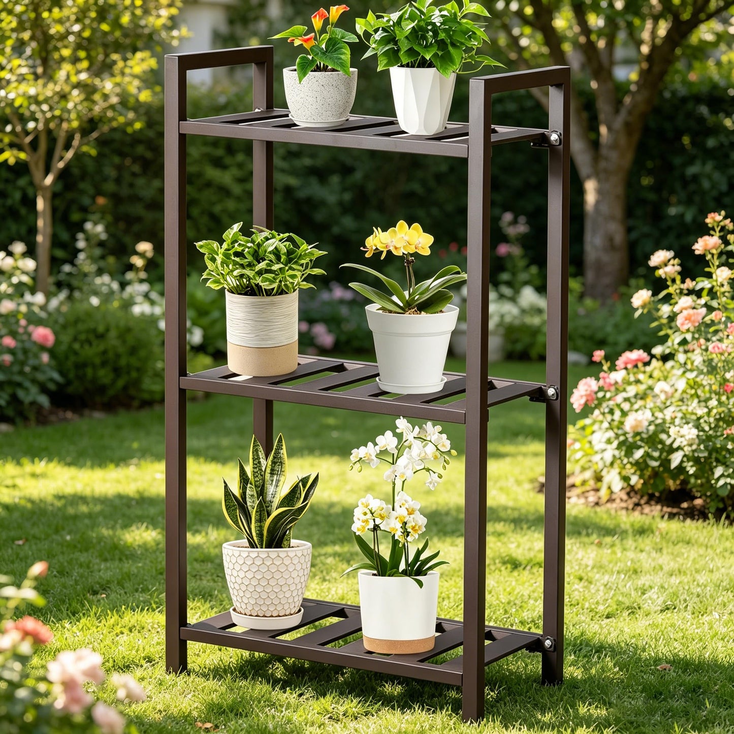 DHYGOTFUR 3-Tier Aluminum Plant Stand, Lightweight Heavy-Duty Plant Shelf, Waterproof Rustproof Multi-Use Storage Rack for Indoor Outdoor, Patio Garden Balcony Bathroom Organizer