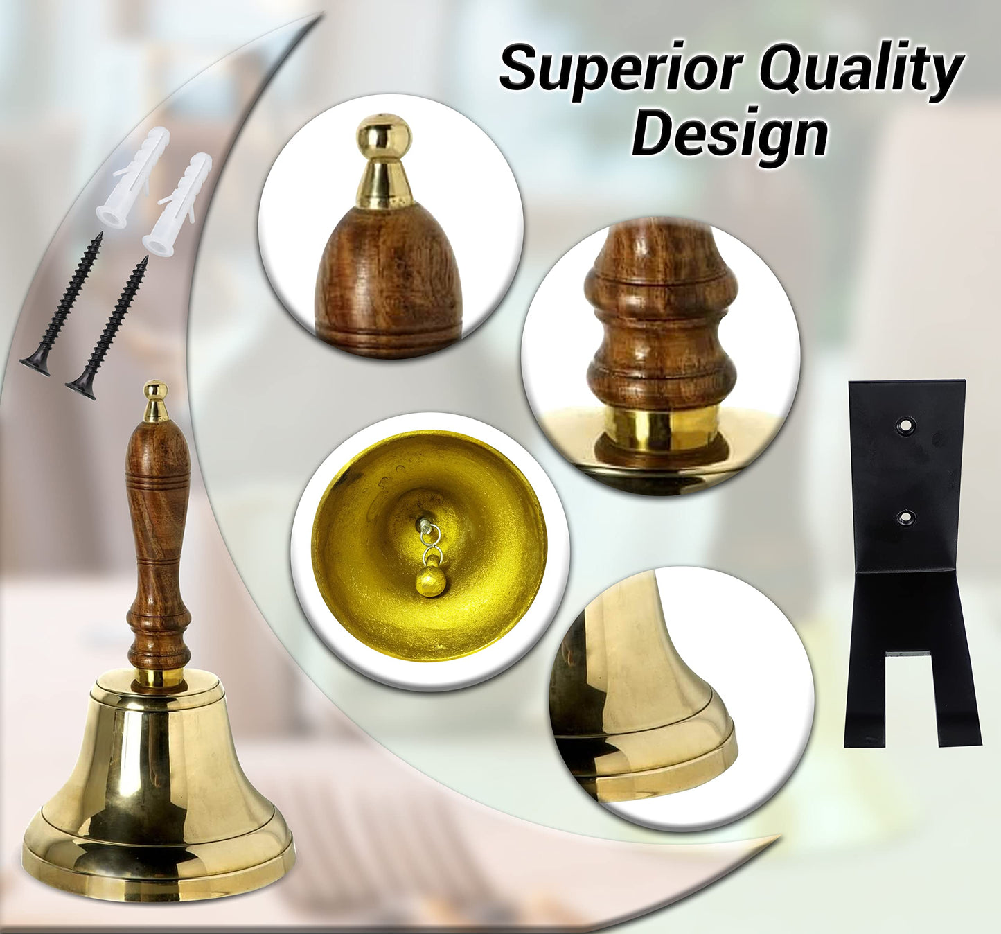 ARSUK Handbell for Adults (4 Inch) - Large School Bell with Wooden Handle - Solid Brass Call Bell for Elderly at Home, Wedding, Office, Dinner, Meditation, and Service