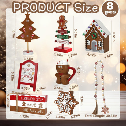 Gingerbread Christmas Decorations 8 PCS Tiered Tray Decor Set, Cute Tabletop Christmas Decor for Home Shelf Mantel Coffee Bar Office Xmas Table Centerpieces Tray Objects Holiday Baking