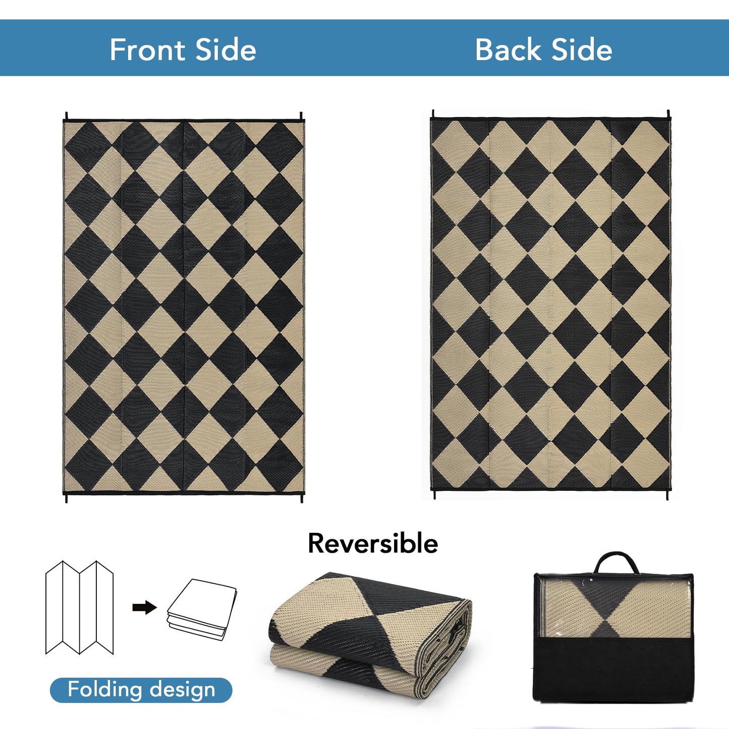 GarveeLife 10x14 Outdoor Rug for Patio Reversible, Plastic Straw Rug Waterproof Camping Rug Portable, Foldable Lightweight Mat for RV, Patio, Backyard, Deck, Picnic, Beach (Black/Offee)