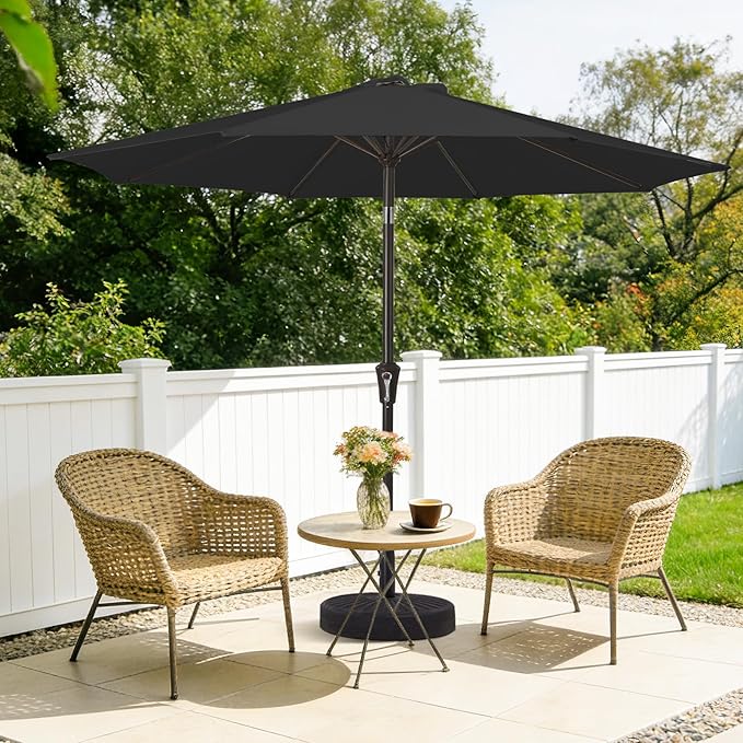 MEWAY 9ft Patio Umbrella Outdoor Table Umbrellas with Push Button Tilt and Crank, Market Umbrella 8 Sturdy Ribs for Deck, Garden, Pool and Backyard, Black
