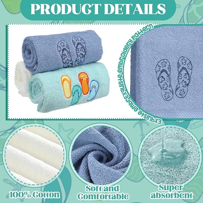 3 Pack Coastal Hand Towels for Bathroom 100% Cotton Embroidered Beach Bathroom