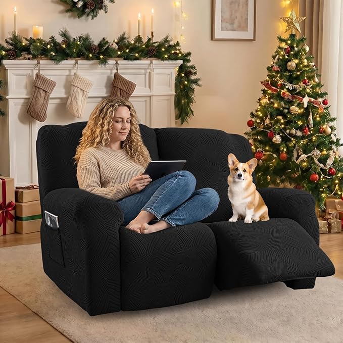 Recliner Loveseat Covers, 4-Piece Stretch Geometric Strokes Jacquard Reclining