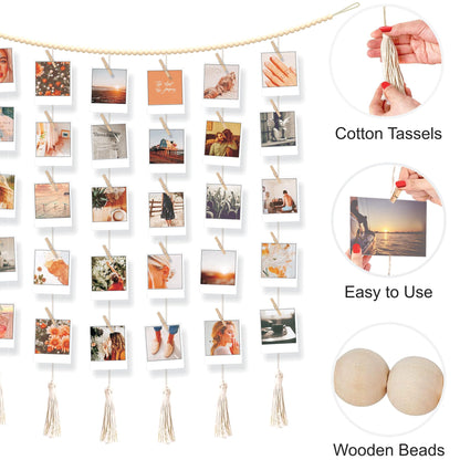 Hanging Photo Display with Clips Wall Boho Decor Beads Garland with Led Lights - Sculptural Picture Frames Collage - 30 Clothespins - 2 Non-Trace Hook - Photo Clip String Lights - 45 x 45 inch