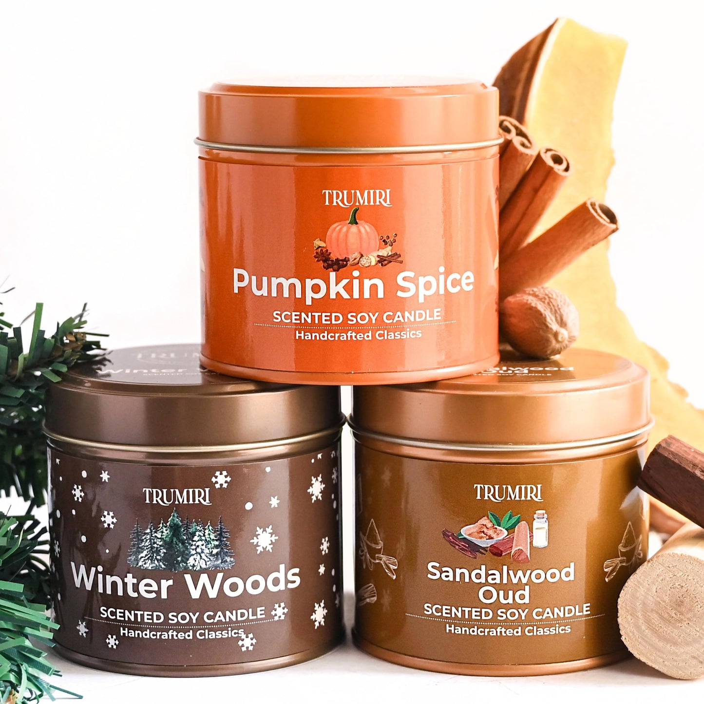 Winter Woods, Pumpkin Spice, Sandalwood Oud - Soy Candles Non Toxic - Highly Scented Long Lasting with Essential Oils - Variety Pack of 3 x 5oz - for Home Aromatherapy Meditation Gift Travel