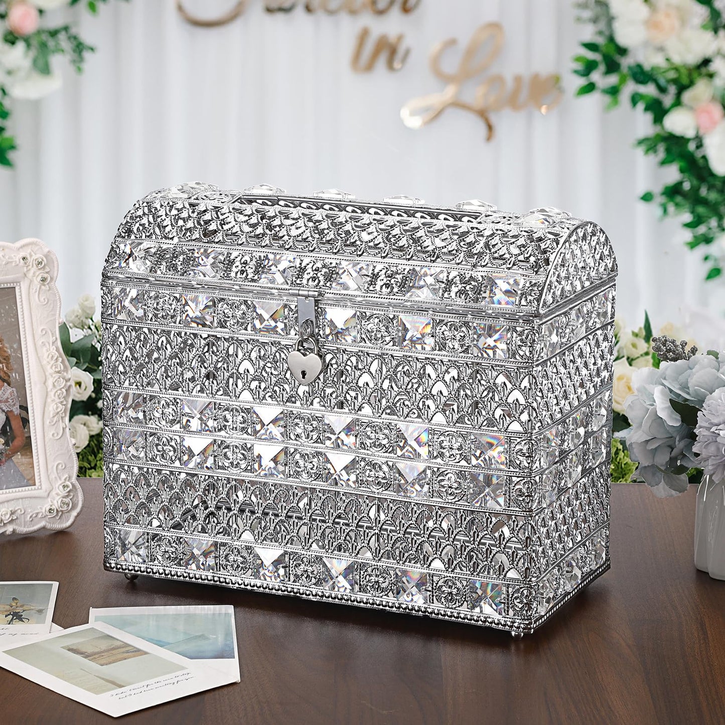 JUXYES Silver Sparkle Crystal Wedding Card Box With Lid for Reception, Gorgeous Treasure Chest Style Keepsake Envelope Box 12 Inches Large Card Receiving Box for Wedding, Reception, Birthday Party