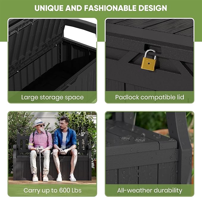 Patiowell 75 Gallon Plastic Storage Bench, Water-Resistant Deck Box for Patio Furniture, Garden Tools, Pool Storage and Outdoor Cushions, Black