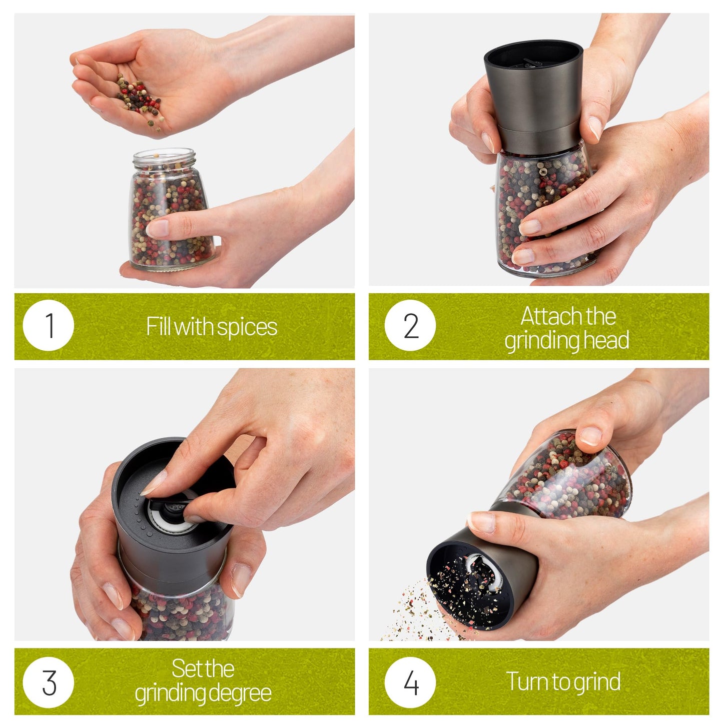 ZOLMER® Premium Stainless Steel Salt and Pepper Grinder Set manual | Adjustable Ceramic Grinder for Salt & Pepper- Black Pepper mill, Salt Grinder & Chili Mill [no spice included] (Small Black)