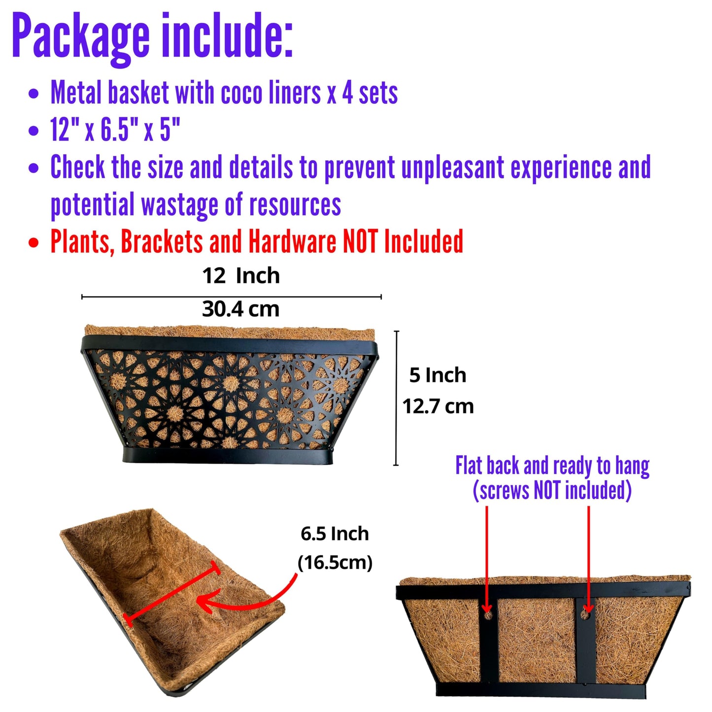 LaLaGreen Window Boxes Planters for Outdoor Plants (12 Inch, 4 Pack) Small and Cute Black Metal Fence Hanging Flower Box Basket with Coco Liner Unique Horse Troughs Balcony Garden Pot Patio Porch Rail