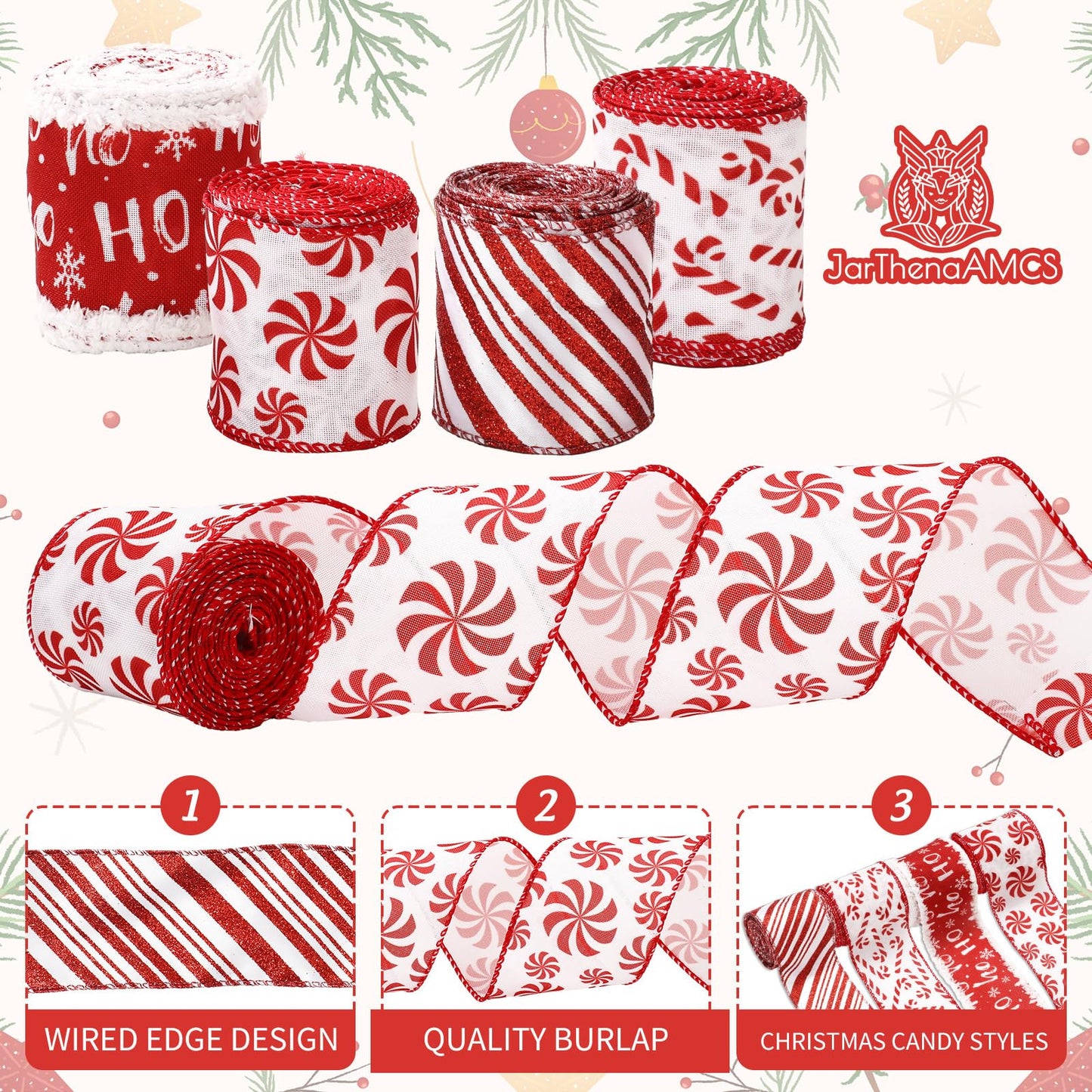 JarThenaAMCS Christmas Wired Edge Ribbon Peppermint Candy Craft Ribbons Pink White Candy Cane Stripe Fabric Ribbon for Wreath Bow DIY Wrapping Party Decor, 4 Rolls, 24 Yard