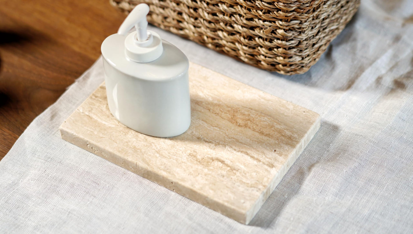 Astavostone Travertine Tray, Cream White Natural Stone Decor Tray for Bathroom Vanity Rectangle Stone Board for Jewelry, Keys, Perfume Coffee Table Organizer