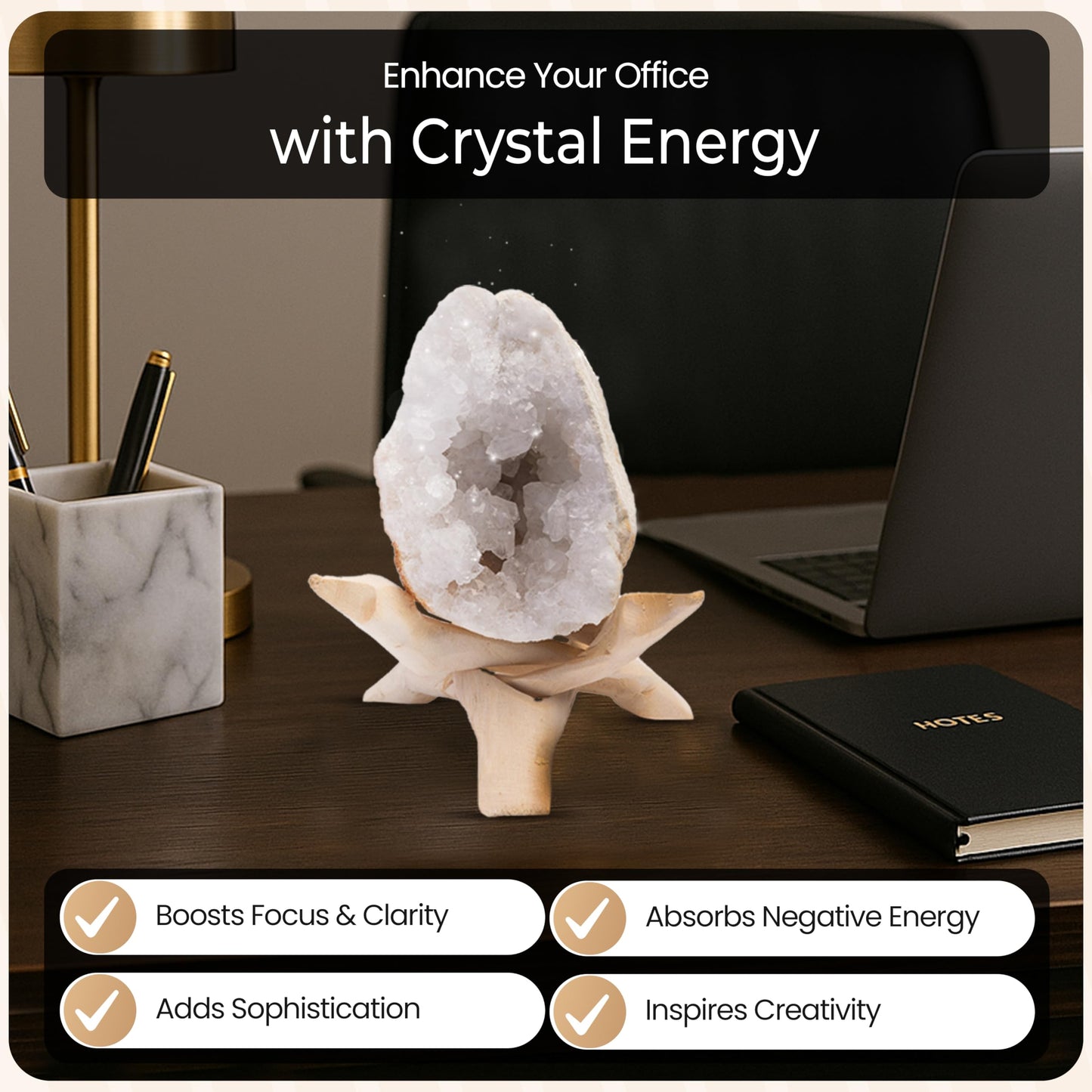 Geode Crystal with Wooden Stand – Moroccan Clear Quartz Crystal Cluster Geode for Meditation, Healing Crystals, Cleansing Energy, & Spiritual Gifts – Crystal Home Decor