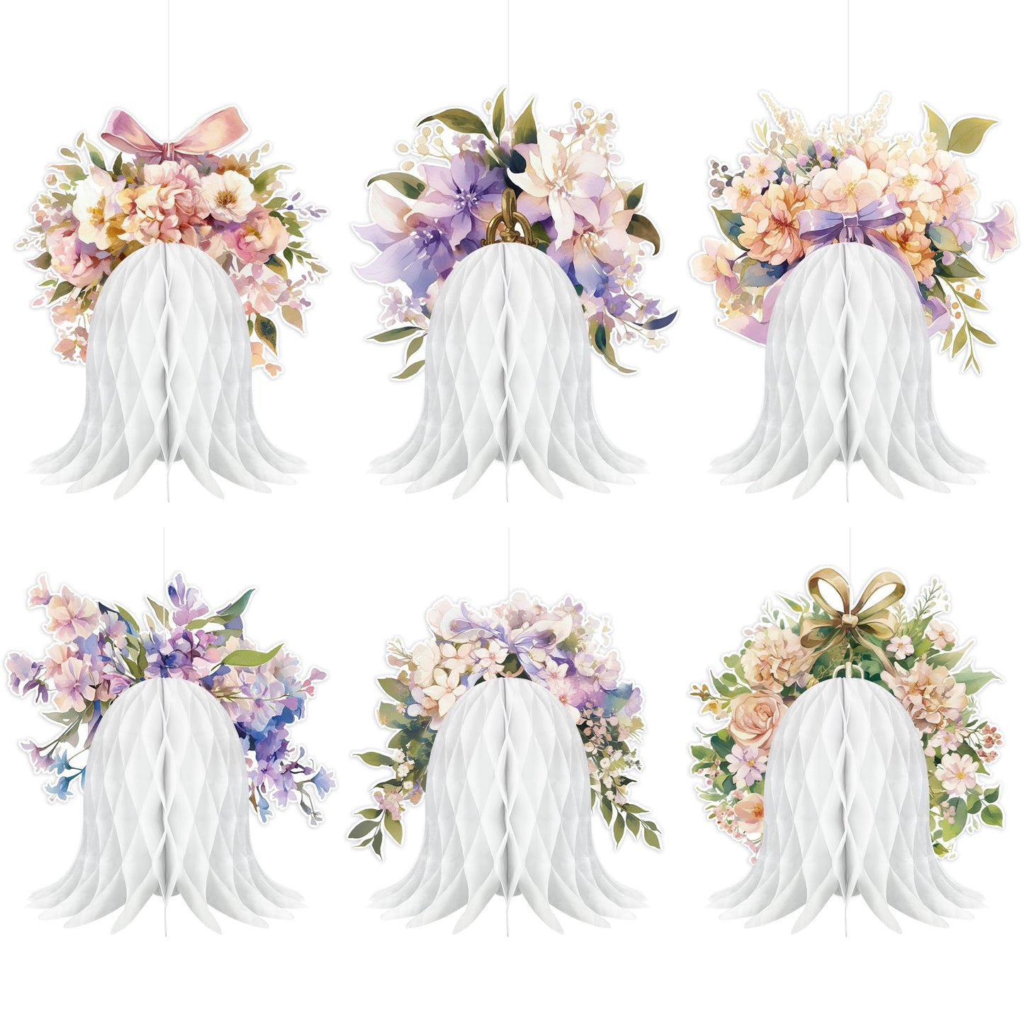 6PCS Paper Wedding Bells, Large Hanging Bells Honeycomb Decorations Flower Ornaments for Wedding Bridal Shower Birthday Baby Shower Christmas New Year Party