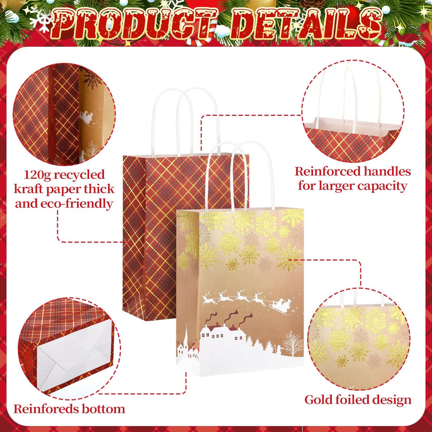 24 Pcs Christmas Gold Foil Gift Bags with Handles, 6 Assorted Xmas Designs, 8.3 x 6 x 3.5'' Holiday Kraft Paper Red and Gold Gift Bags for Christmas New Year Winter Party Favor, Goody Treat Wrapping