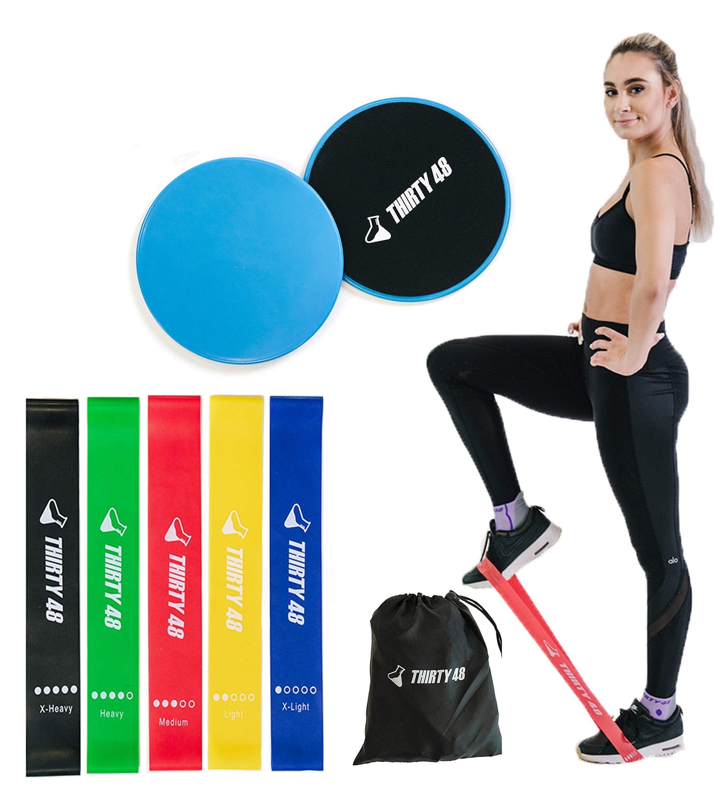 Thirty48 Gliding Discs Core Sliders and 5 Exercise Resistance Bands | Strength, Stability, and Training for Home, Gym, Travel | User Guide & Carry Bag