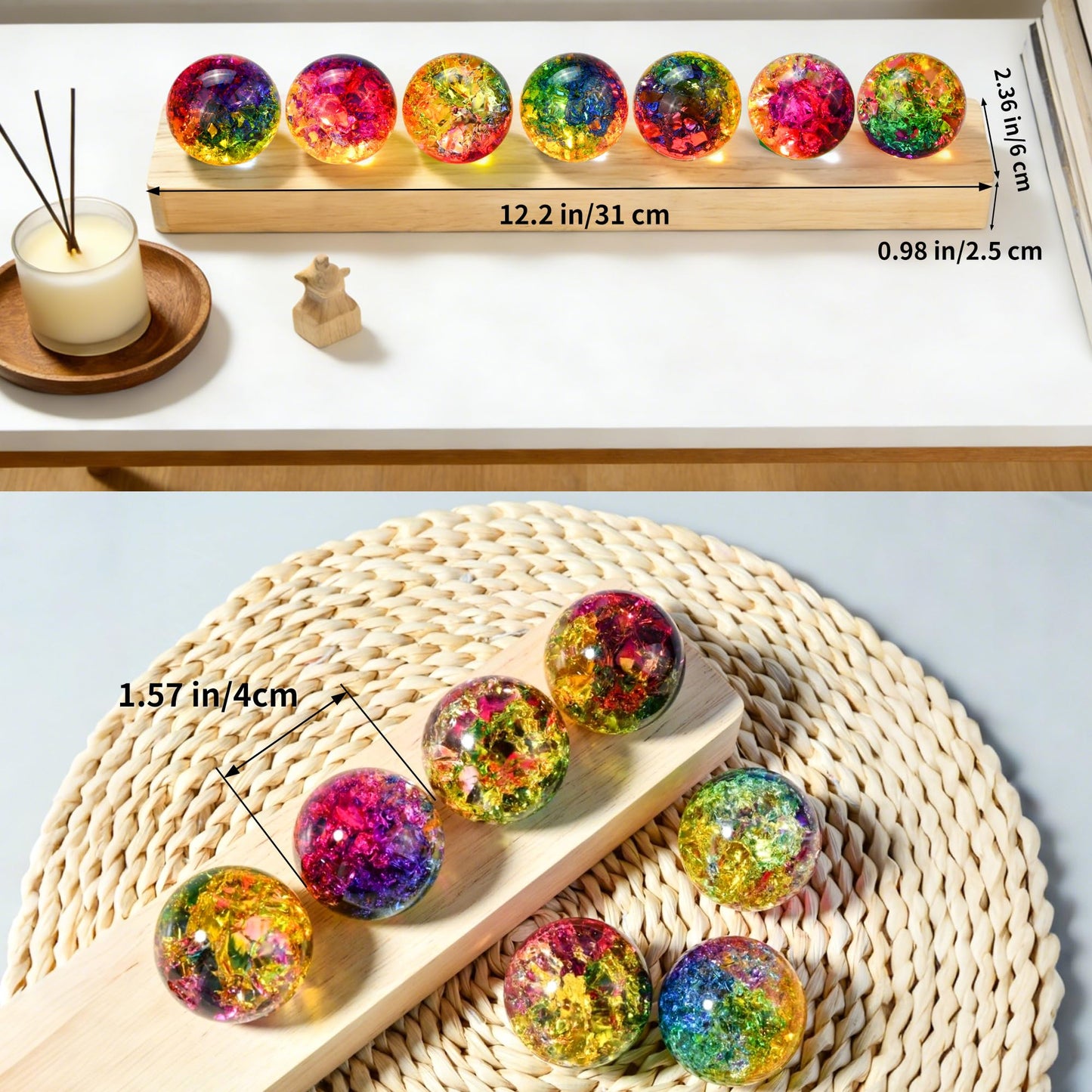 7 Chakra Crackle Crystal Ball with LED Wooden Stand, 1.6" Healing Spheres for Spiritual Decor Reiki Energy Balance, 3D Crystal Ball Night Light Gifts for Women