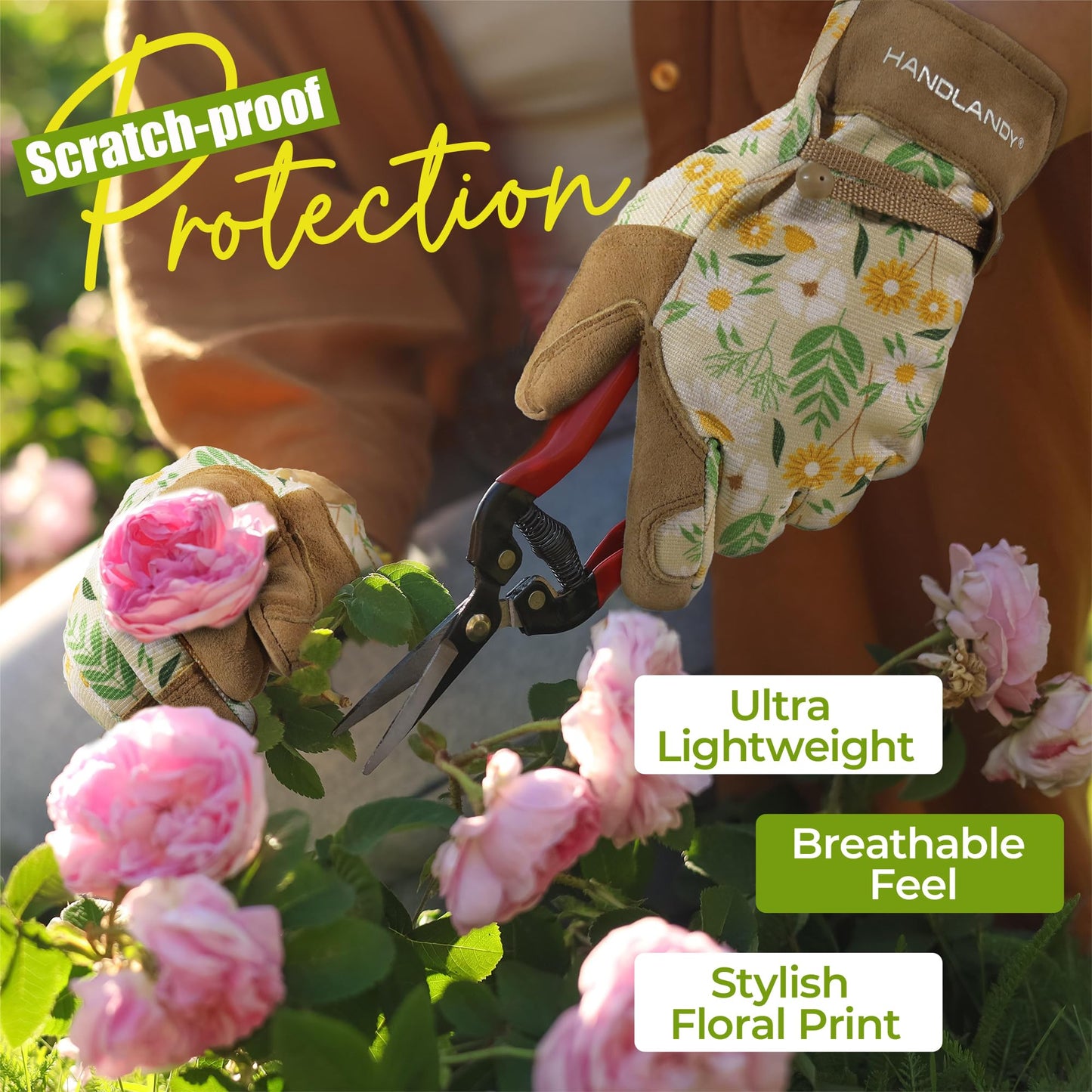 HANDLANDY Gardening Gloves for Women, Utility Goatskin Leather Safety Work Gloves Breathable Ladies Leather Garden Yard Gloves, Best Gift for Gardeners, Large