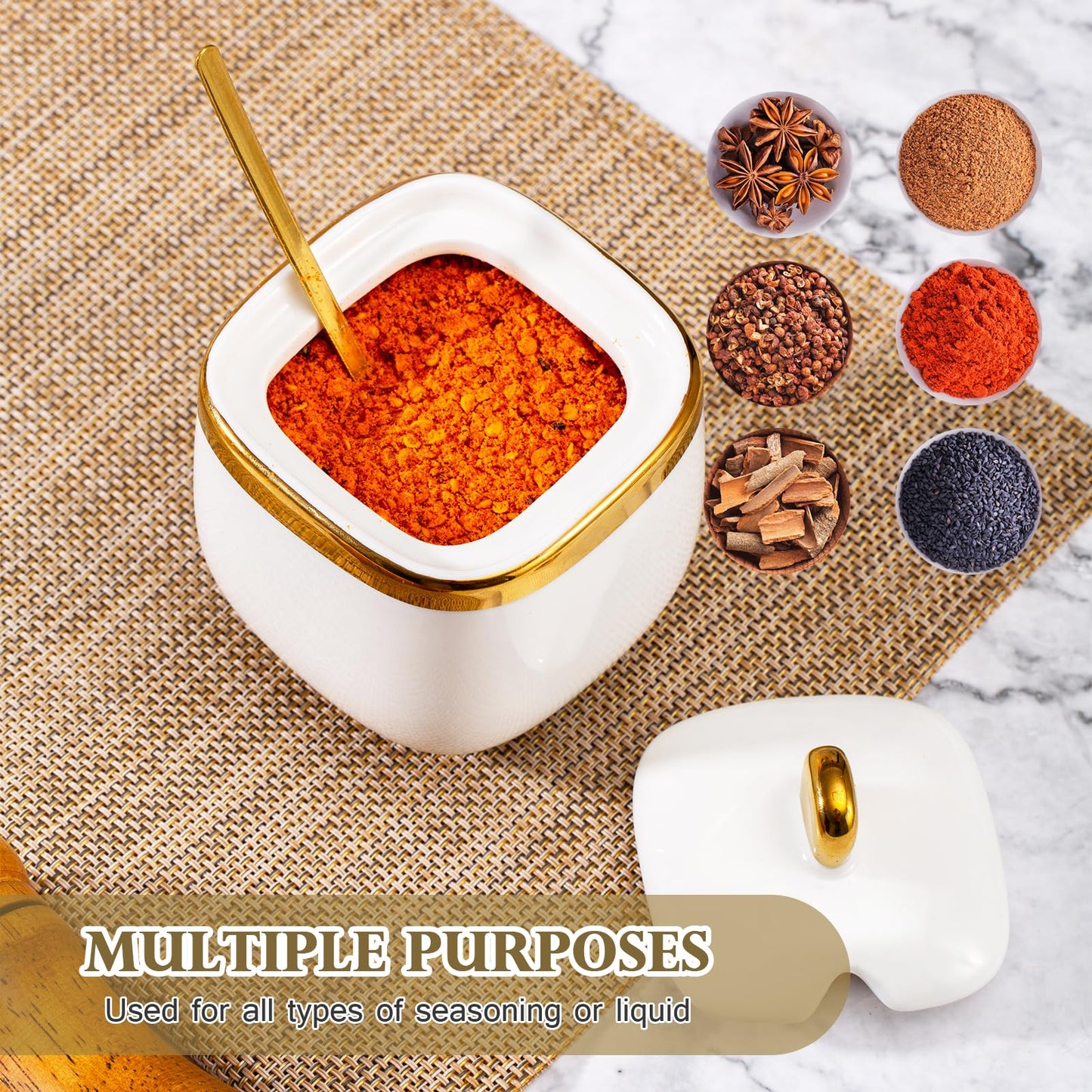 EABOSON 4 Pack Gold Condiment Spice Jars with Lids, Spoons, Tray - Ceramic Seasoning Box Set for Salt, Pepper, Sugar - Kitchen Storage