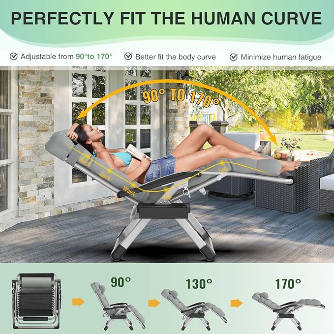 Suteck Oversized Zero Gravity Chair, 29In XL Outdoor Recliner Chair w/Removable Cushion&Headrest, Camping Lounge Chair w/Upgraded Lock&Footrest, Reclining Patio Chairs for Indoor Outdoor,500LBS