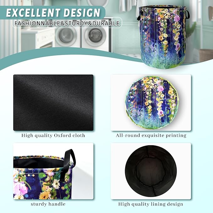 Beautiful Blue Green Floral Laundry Basket Foldable