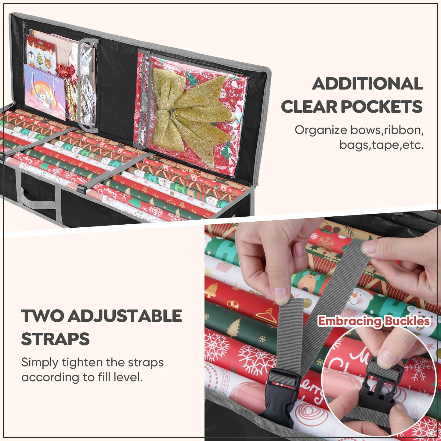 BALEINE Soft Christmas Wrapping Paper Storage Bag, 40" Durable PE Gift Wrap Storage Bag with Flexible Partitions and Pockets for Ribbon, Accessories (Black)