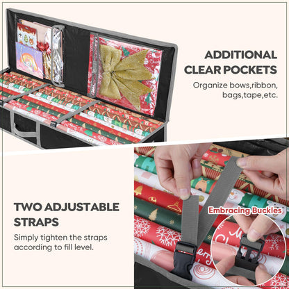 BALEINE Soft Christmas Wrapping Paper Storage Bag, 40" Durable PE Gift Wrap Storage Bag with Flexible Partitions and Pockets for Ribbon, Accessories (Black)