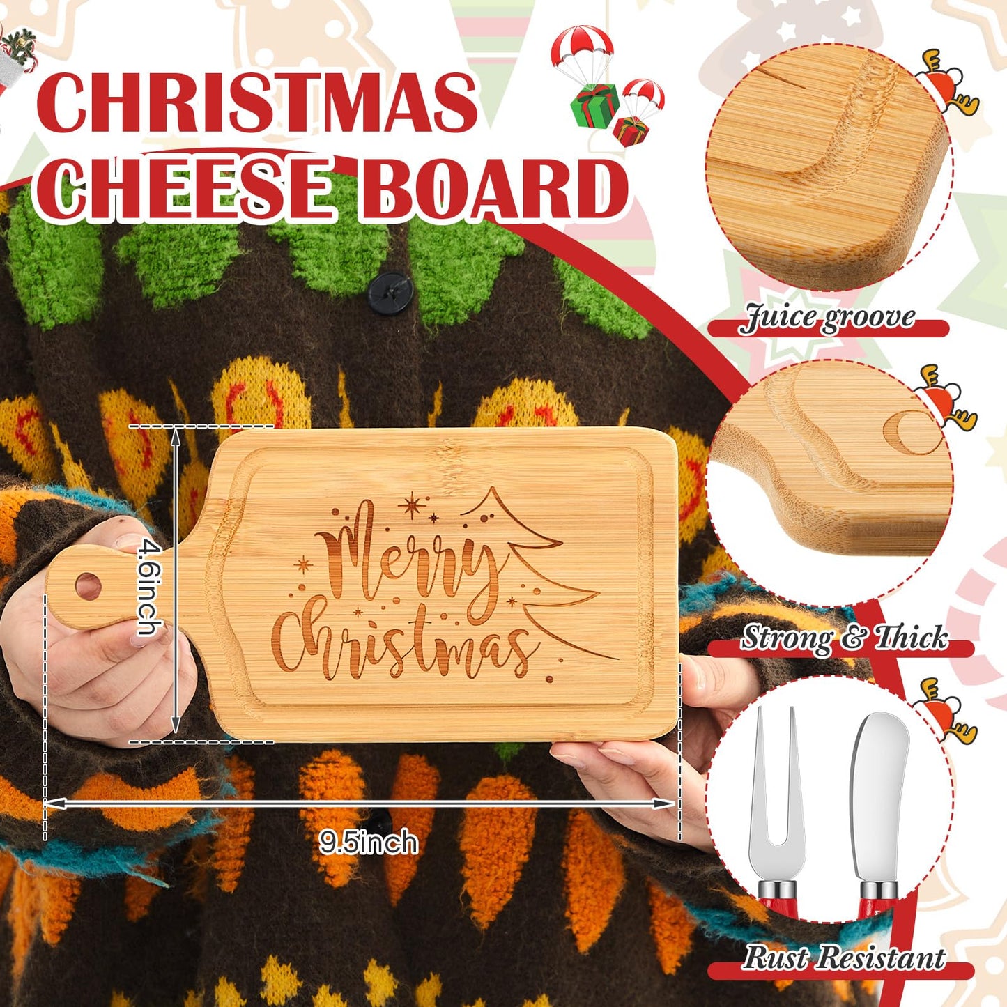 Ziliny 1 Set Christmas Cheese Board and Knife Gift Set, Wooden Small Charcuterie Board Mini Xmas Holiday Serving Tray for Party Appetizers Home Decoration (Square)