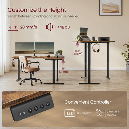 VASAGLE L Shaped Electric Standing Desk, 63 x 47.2 Inches, Height Adjustable Corner Desk with Power Outlets, 2 Memory Buttons, Easy to Assemble, for Home Office, Rustic Brown ULSD242K01