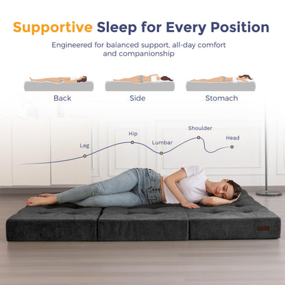 MAXYOYO 6" Folding Sofa Bed for Floor, Tufted Tri-Fold Floor Couch Bed with Chenille Fabric, Full Size Portable Sofa Couch Guest Mat for Adults, Foldable Topper for Camping, Dark Grey, 53"x75"