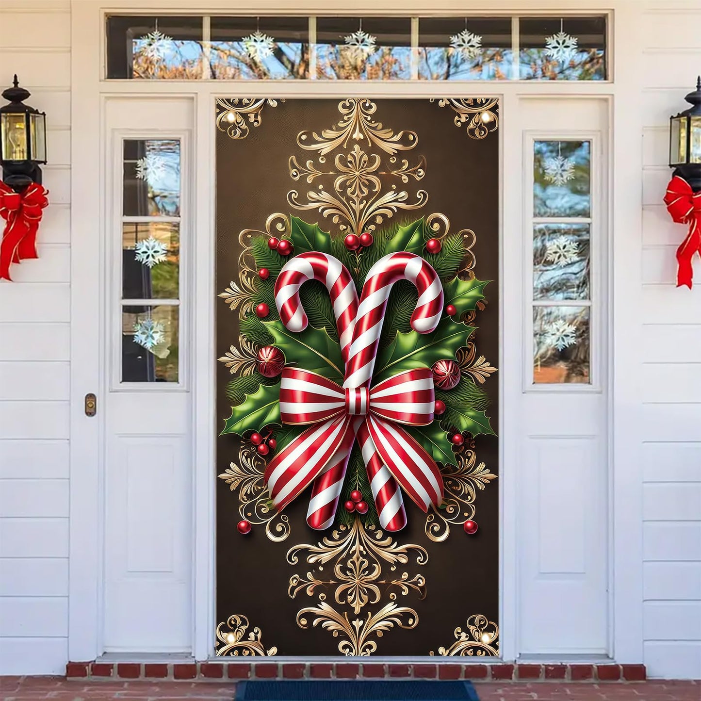 Saoplasa Christmas Door Cover Candy Cane Bow Banner 71 x 35 Inch Holiday Peppermint Stripe Wall Hanging with Holly Leaves Ornaments for Winter Wonderland Xmas Front Door Decor Photo Backdrop