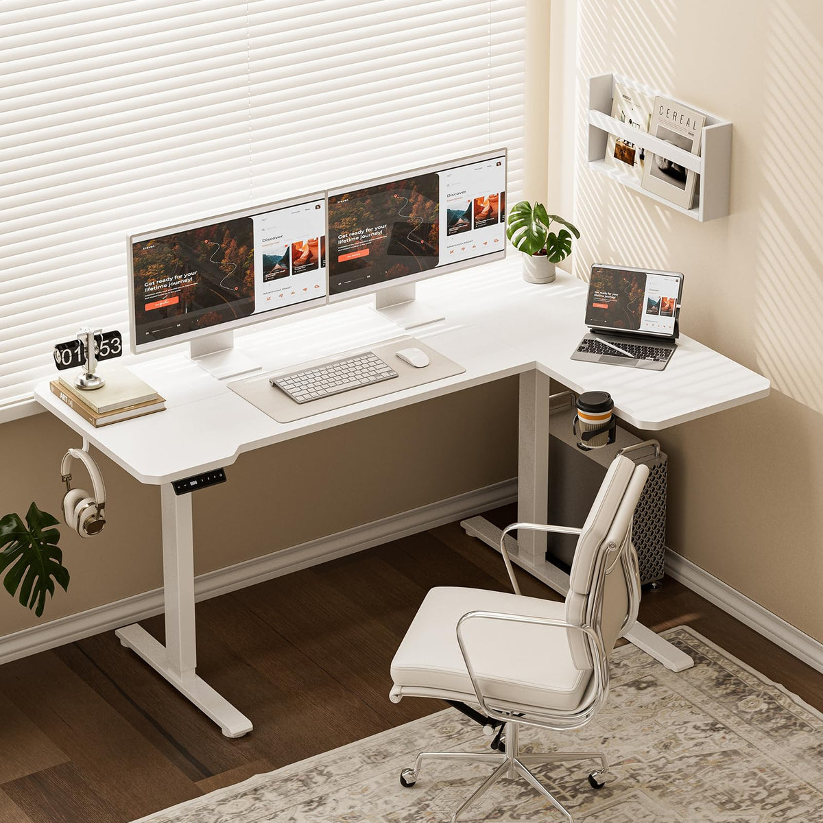 Acrolix L Shaped Electric Standing Desk - 59x40 Inch Reversible Corner Sit Stand Desk with Hook&Cup Holder,Electric Height Adjustable Table,for Home Office Gaming Computer Desk, White