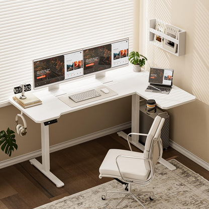 Acrolix L Shaped Electric Standing Desk - 59x40 Inch Reversible Corner Sit Stand Desk with Hook&Cup Holder,Electric Height Adjustable Table,for Home Office Gaming Computer Desk, White