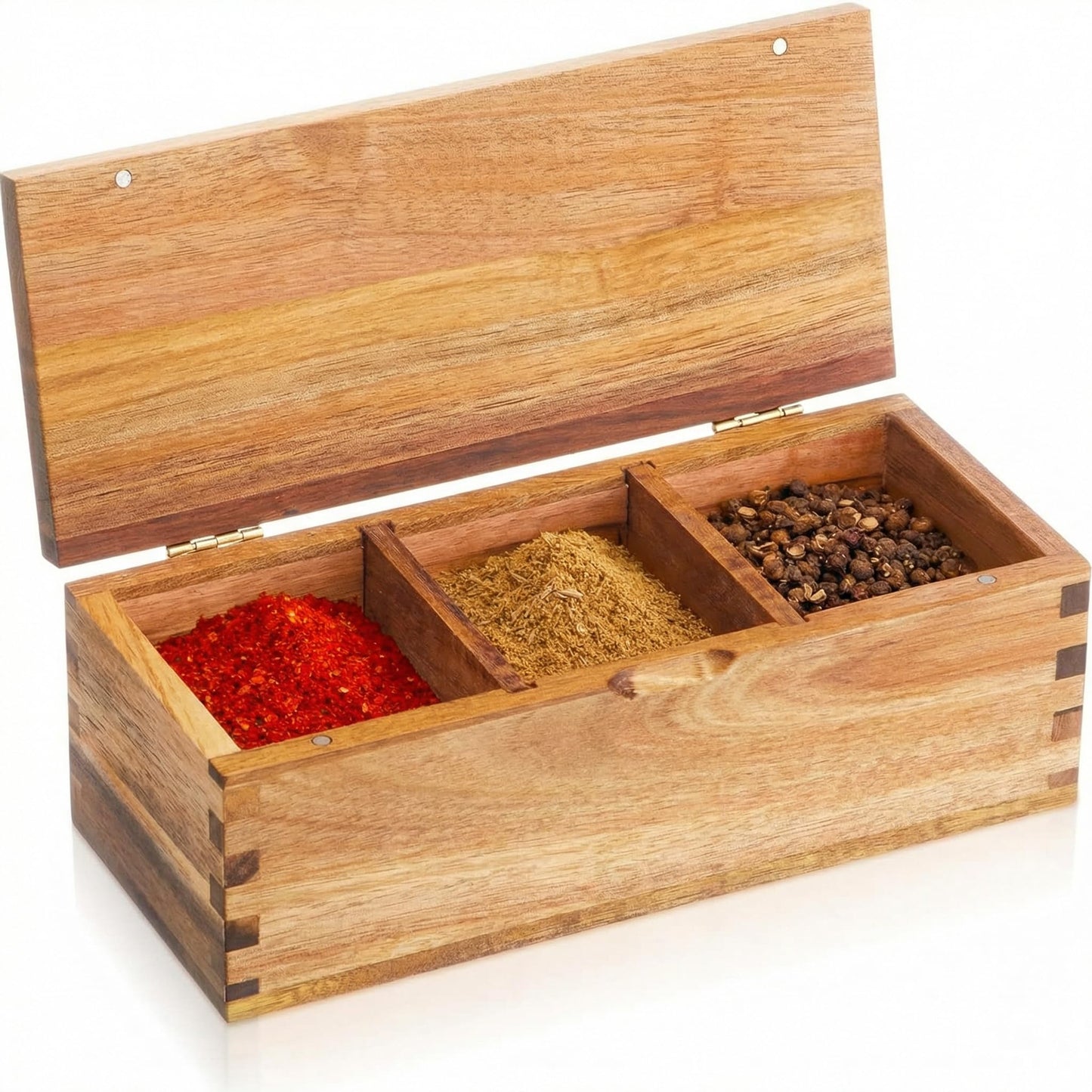 Yiyiring Acacia Wood Salt Cellar Spice Box with Magnetic Lid 29oz Large Capacity Salt Organizer 3 Compartments for Kitchen Countertop, Pepper, Seasonings, Spices, Grilling & Cooking