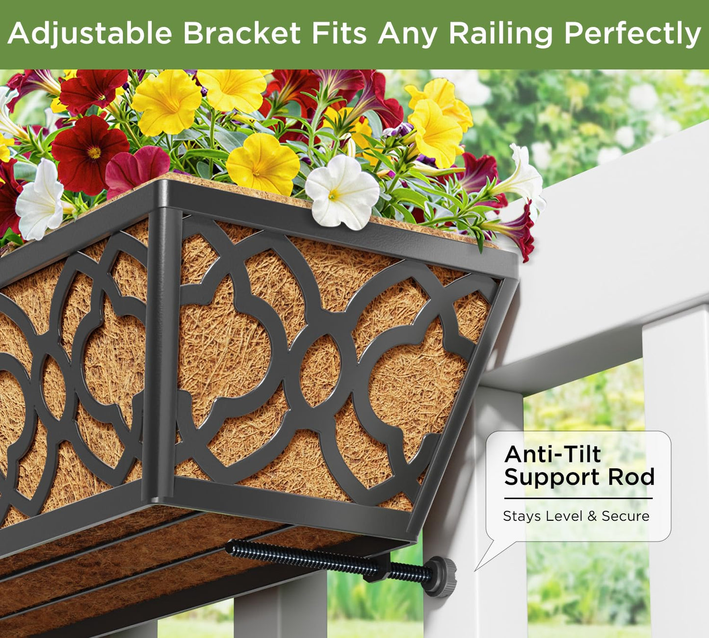 Y&M Railing Planter Boxes 24 Inch 2 Pack, Hanging Balcony Planter, Adjustable Deck Railing Planter Box, Metal Window Boxes Outdoor for Fence, Porch Flower Pots Holder