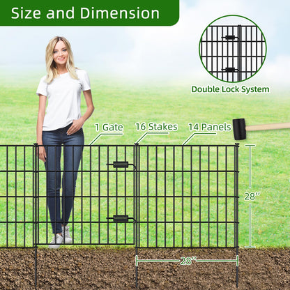 FOREHOGAR Metal Garden Fence 28in (H) x 35ft (L), 1 Gate + 14 Panels Dog Fences Border Fence Animal Barrier, No Dig Garden Fencing for Yard Flower Bed Lawn Patio Outdoor, PIN282815G Black