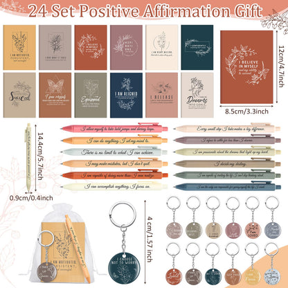 Mooliwe 24 Set Positive Affirmation Gift Set Gratitude Notebooks with Pens Acrylic Keychains Small Bags Motivational Notepads for Women Coworkers Christmas Adults Party Favors (Vibrant)