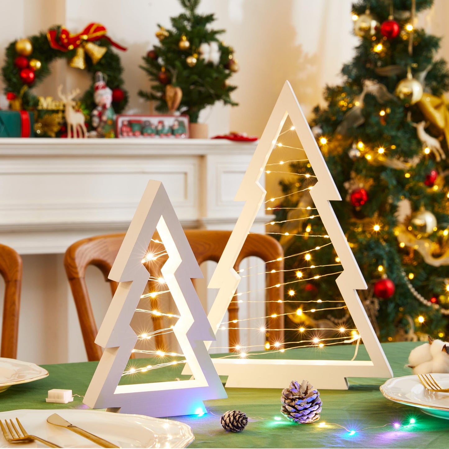 Neoflavie 2 Pcs Wood Christmas Tree with Lights-Modern Farmhouse Lighted Tabletop Christmas Tree Decor for Christmas Holiday Decorations Home Party Table Fireplace Mantle Shelf Decor(White)