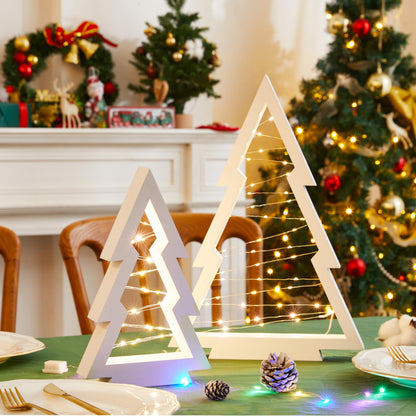 Neoflavie 2 Pcs Wood Christmas Tree with Lights-Modern Farmhouse Lighted Tabletop Christmas Tree Decor for Christmas Holiday Decorations Home Party Table Fireplace Mantle Shelf Decor(White)