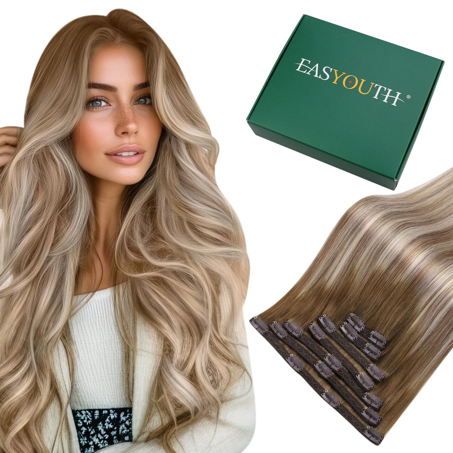 Easyouth Clip in Hair Extensions Human Hair Balayage Remy Hair Extensions Clip in Human Hair Ombre Clip in Human Hair Extensions Dark Brown to Light Brown and Medium Blonde 120g 7Pcs 18 Inch